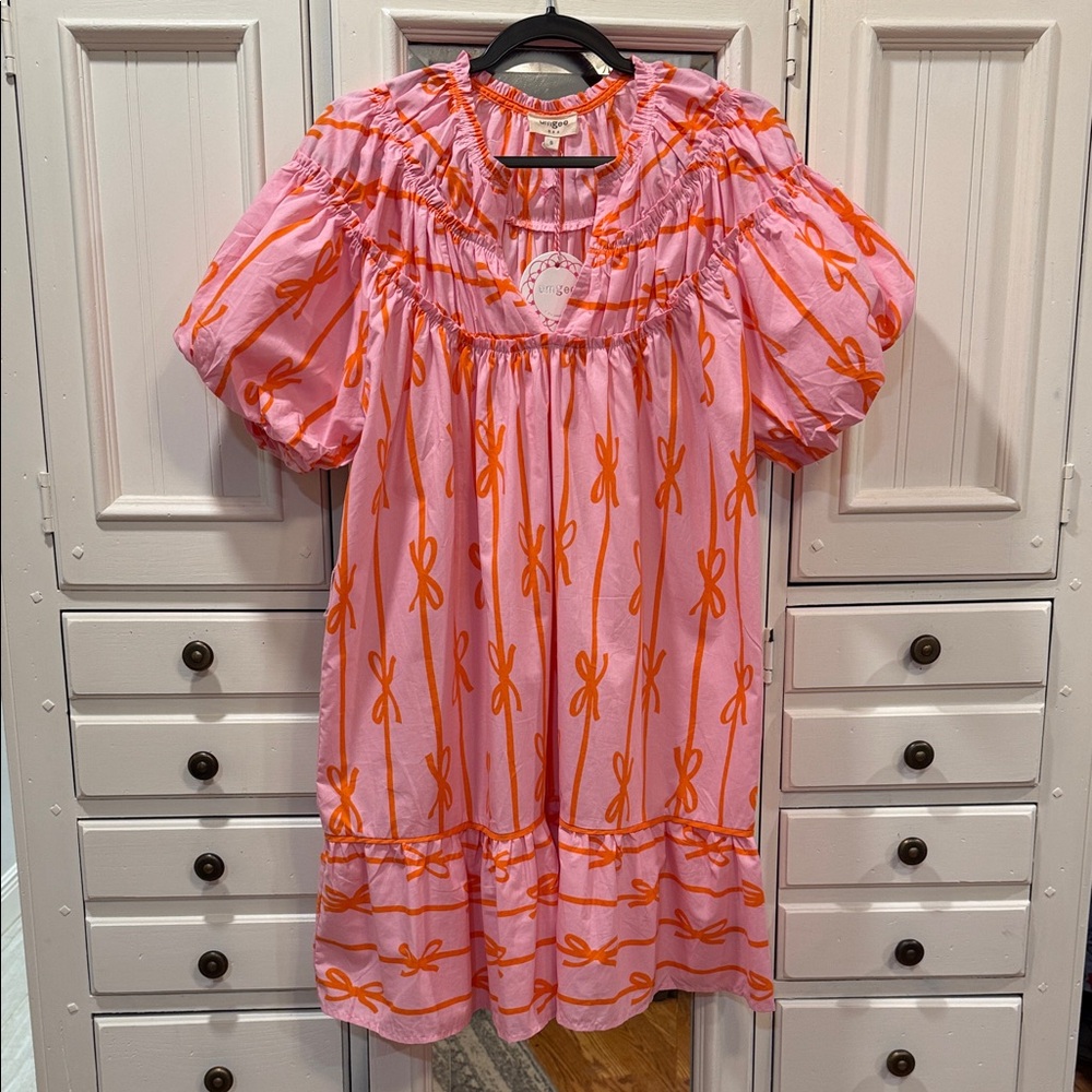 Umgee Small Pink Midi Dress with Orange Bow Print and Puff Sleeves with belt - Picture 3 of 8
